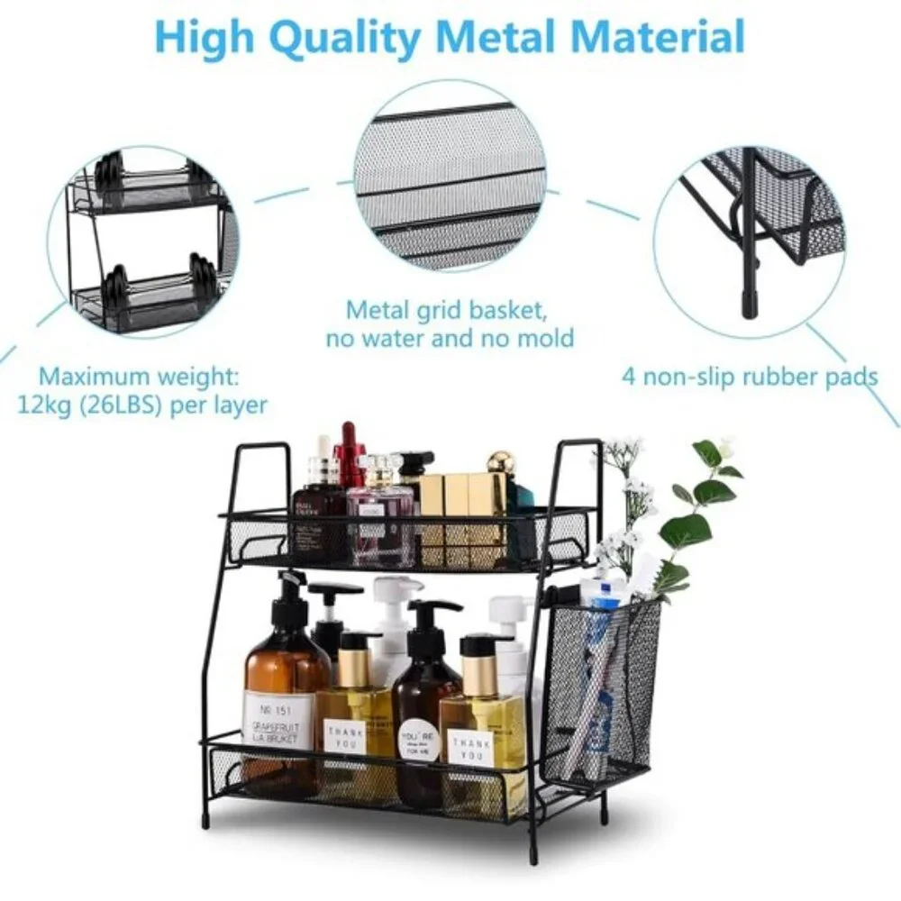 New Black Countertop Organizer, Bathroom, Bedroom & Kitchen Shelf with Basket